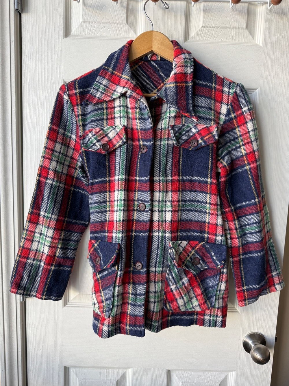 Vintage Women's Navy & Red Plaid Pea Coat - Classic Button Front